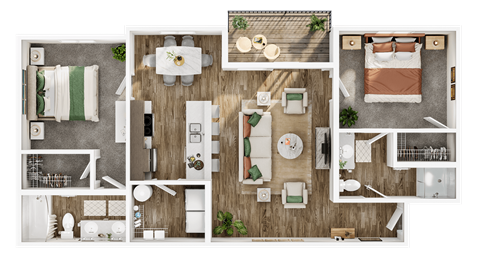 Floor plan for 2 beds, 2 baths, 969 sqft
